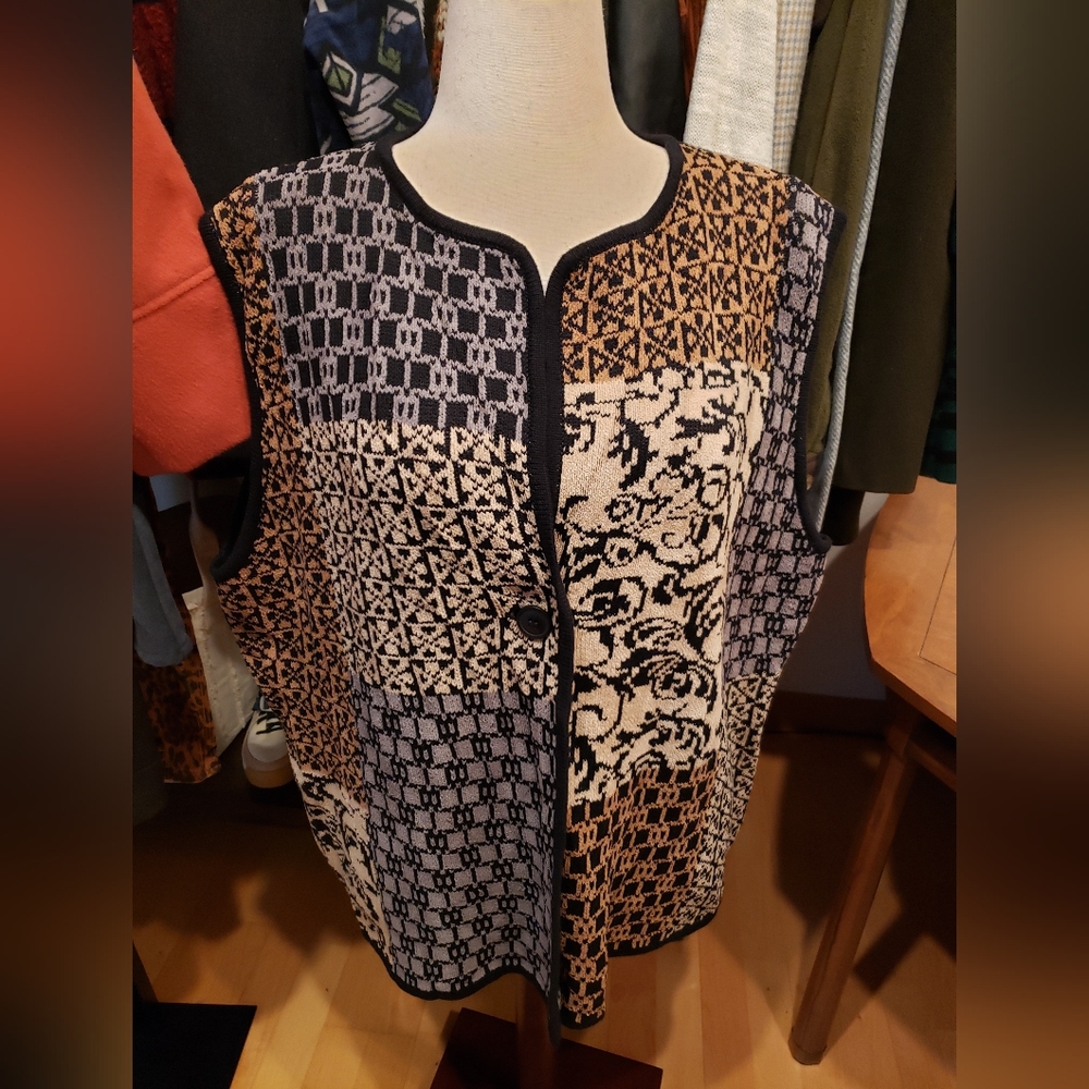 Norm Thompson Black Tan Chenille Patchwork Print Button Front Vest size 2X